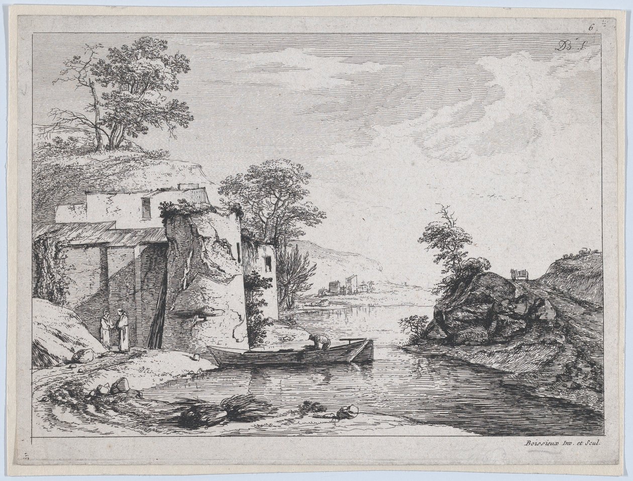 Antigas torres na margem do rio, 1763. de Jean Jacques de Boissieu