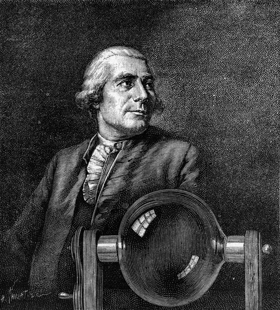 Retrato de Joseph de Montgolfier (1740-1810), industrial francês, inventor do balão de ar quente. (Do retrato de Boissieu, no Musee de Lyon). Gravura em "La Nature: Revue des sciences et de leurs applications aux arts et a l