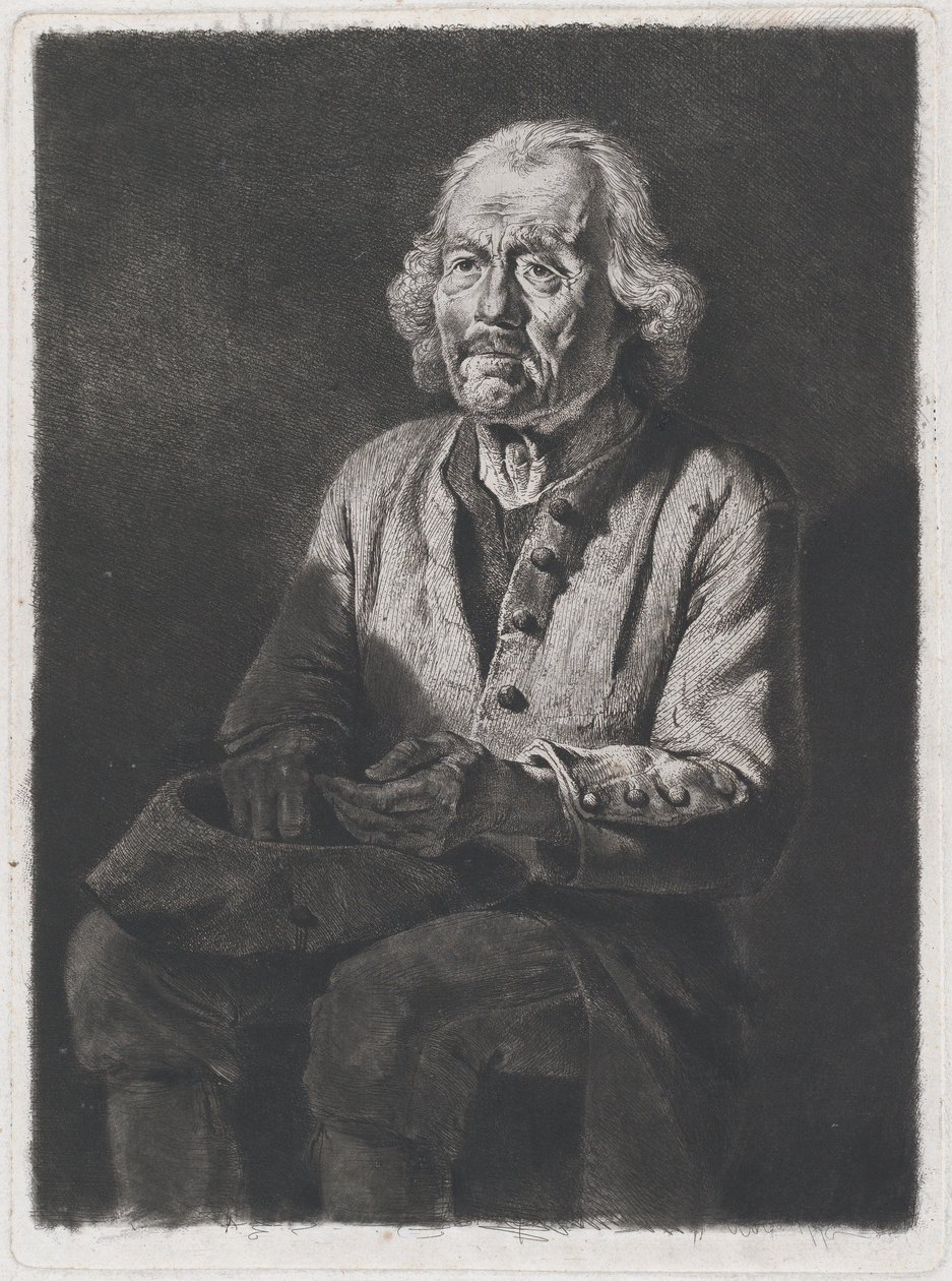 Mendigo sentado: Retrato de Old Girard, um camponês de Chasselay, 1772. de Jean Jacques de Boissieu