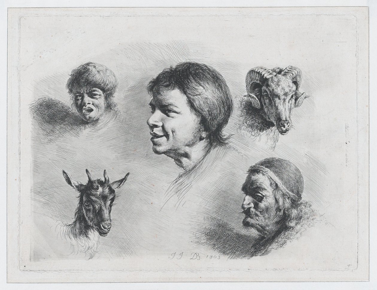 Estudo de cinco cabeças, 1803. de Jean Jacques de Boissieu