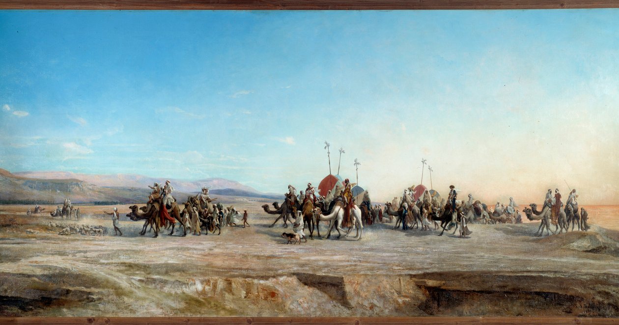 À procura de uma caravana de campismo de nómadas e camelos no deserto. Pintura de Jean Joseph Bellel (1816-1898) Montpellier do século XIX, Musee Fabre - À procura de um acampamento. Caravanas de nómadas e camelos no deserto. Pintura de Jean Joseph Bellel  de Jean Joseph Bellel