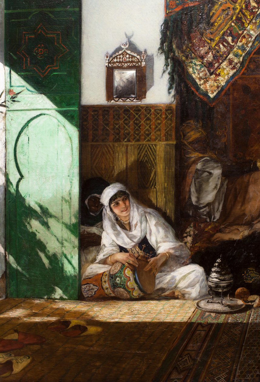Interior de um harém em Marrocos, pormenor: mulher tocando a derbouka de Jean Joseph Benjamin Constant