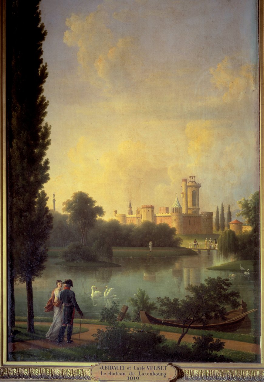 O castelo de Laxemburgo (Áustria), em primeiro plano o imperador da Áustria e a arquiduquesa Maria Luísa. Pintura de Joseph Bidault (1758-1846) de Jean Joseph Bidault