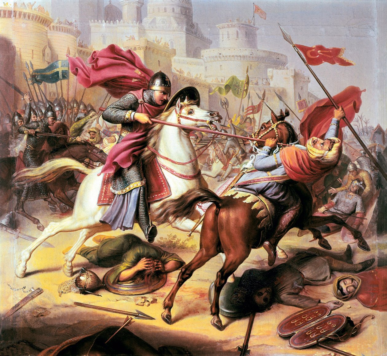 primeira cruzada: "Robert II duque da Normandia chamado Robert Courteheuse lutando contra um soldado muçulmano durante o cerco de Antioche em 1098 - 1838 de Jean Joseph Dassy