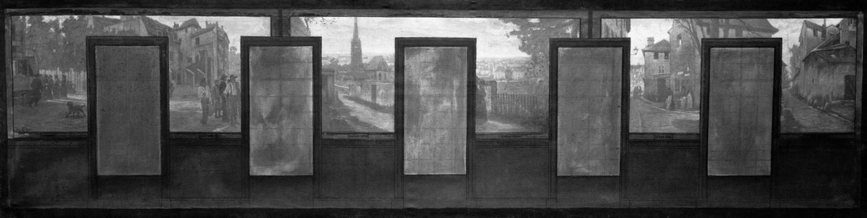 Esboço da Câmara Municipal de Vanves: Vues de Vanves. Elétrico. Praça de Vanves. Caminho do castelo. Rua Vieille Forge. Rue Falnet, em 1902 (óleo sobre tinta preta sobre tela) de Jean Joseph Enders