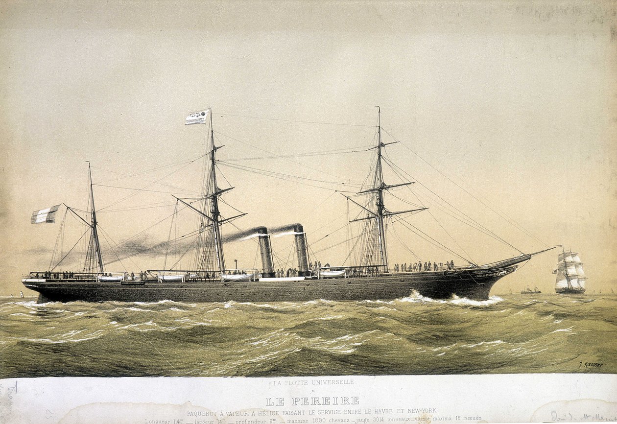 O transatlântico Pereire era navio a vapor e hélice servindo entre Le Havre e Nova York e 1868 entre Brest e Nova York. “The Pereire” foi construído em Glasgow em 1864. Pertence à Compagnie Générale Transatlantique de Emile Pereire. de Jean Jules Koerner