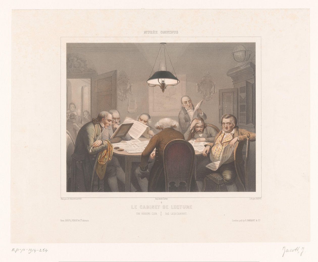 Sete homens lendo em uma mesa Le cabinet de lecture / O clube de leitura / Das lesecabinet (título no objeto) Representações de atividades especiais (título da série) Musée omnibus (título da série no objeto) de Jean Julien Jacott