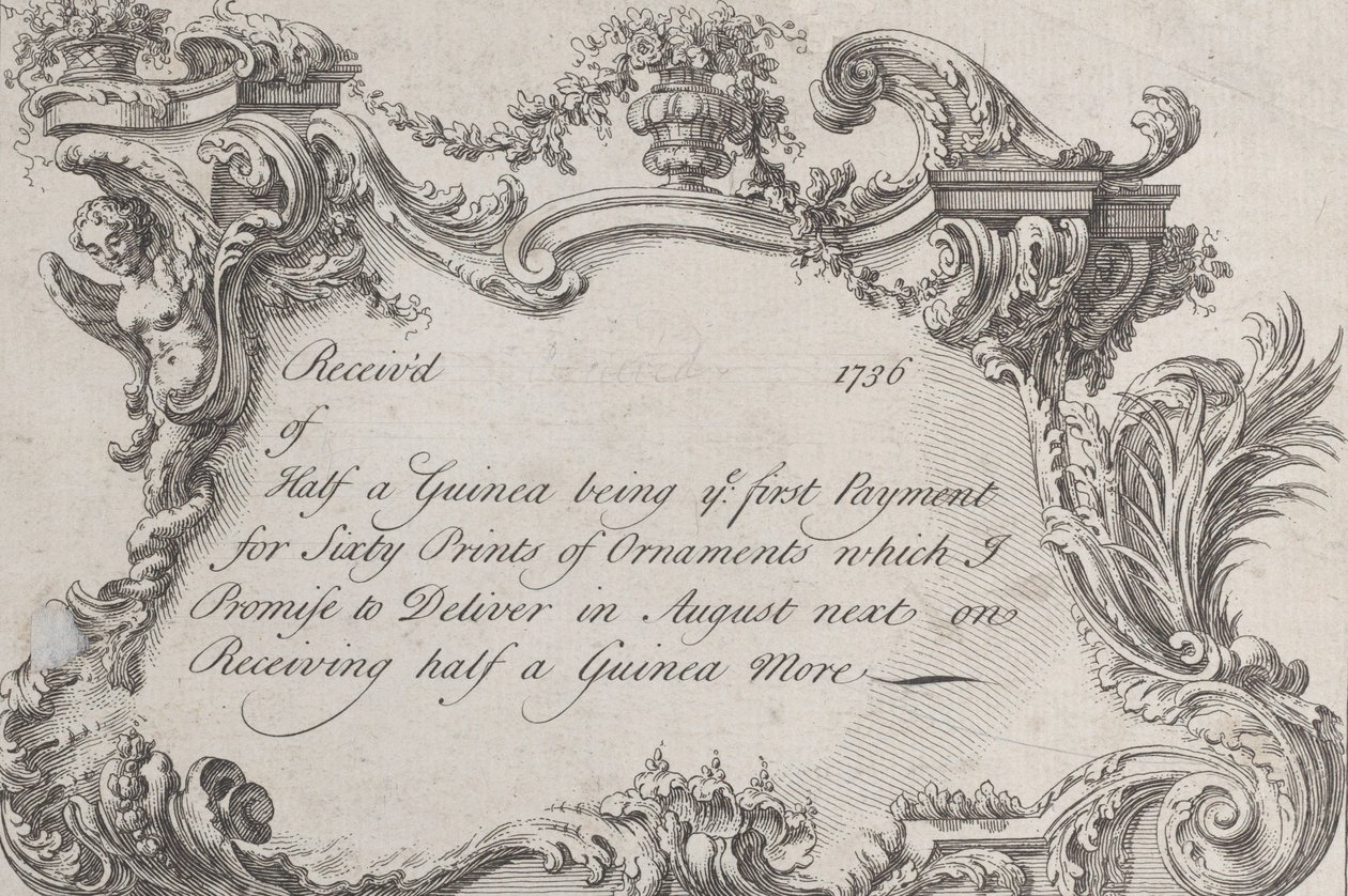 Cartão comercial para Frazer, Impressora do Exército, Papelaria e Encadernador, 1736. de Jean La Rocque