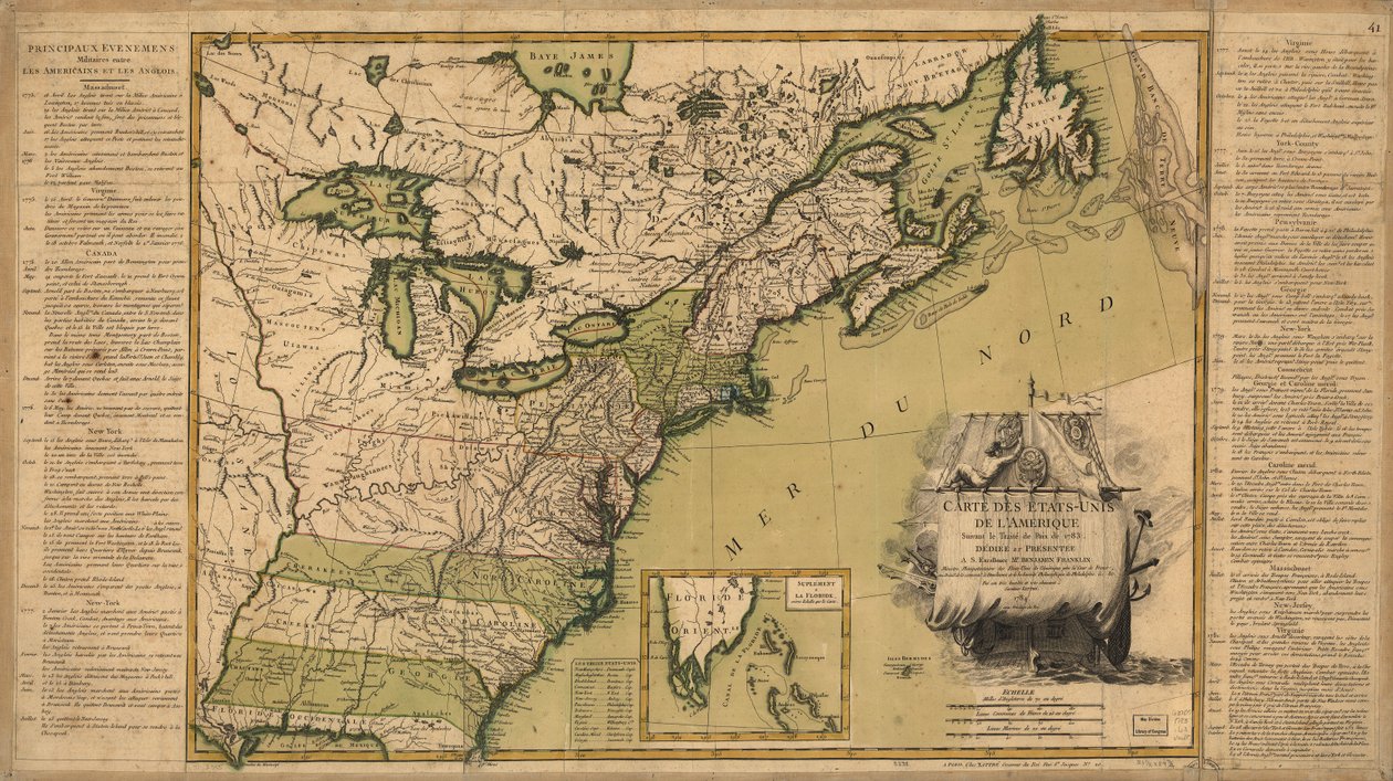Mapa dos Estados Unidos da América, na sequência do Tratado de Paz de 1783. de Jean Lattré