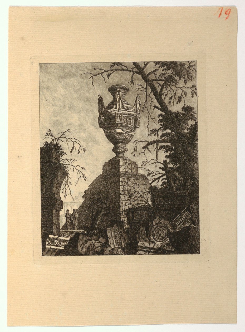 Pirâmide encimada por um vaso monumental, da "Colecção de vários temas de vasos, túmulos, ruínas e fontes, úteis aos artistas..." de Jean Laurent Legeay