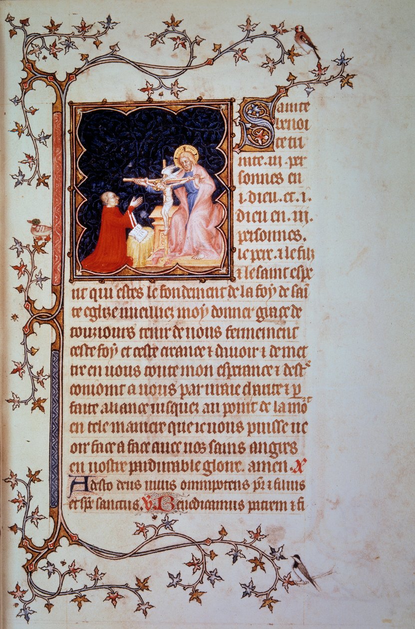 Duque João I de Berry (1340-1416) antes da Miniatura da Santíssima Trindade retirada do manuscrito (ms. lat. 18014) "As Pequenas Horas de João de Berry" iluminado por João o Negro, cerca de 1375. Paris, B.N. de Jean Le and workshop (attr. to) Noir