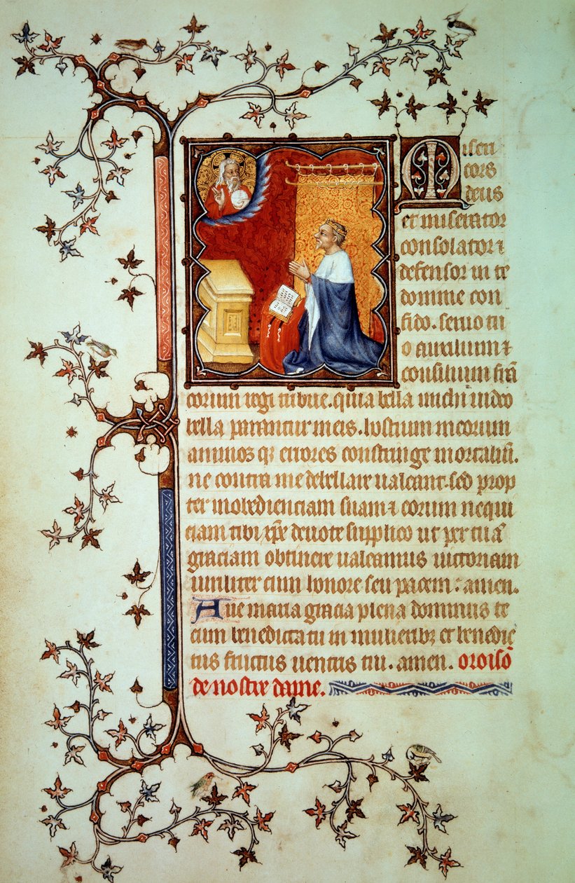 O Duque João I de Baga (1340-1416) rezou diante de Deus que o abençoou Miniatura do manuscrito (ms. lat. 18014) "As Pequenas Horas de João de Baga" iluminado por João o Negro, cerca de 1375. Paris, B.N. de Jean Le and workshop (attr. to) Noir
