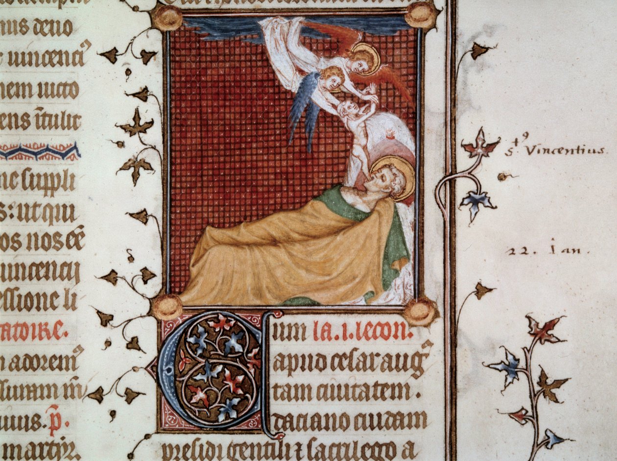 A morte de São Vicente de Zaragoza em 304 Miniatura tirada do Breviarium Parisiense (Breviaire de Paris) conhecida como Breviaire de Charles V ilustrada por Jean Le Noir (man. lat. 1052, fol. 326) de Jean Le and workshop (attr. to) Noir