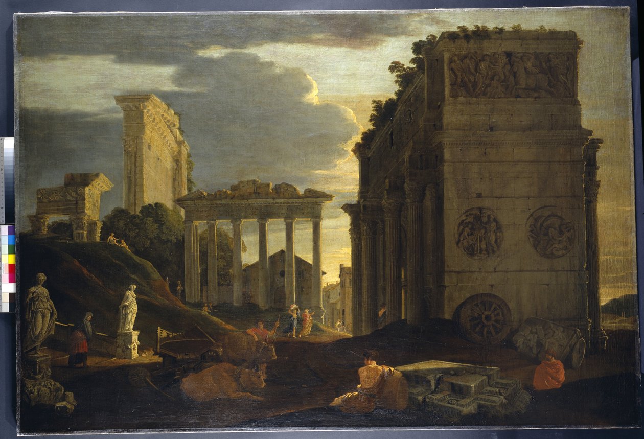 Vista Capriccio com figuras de um arco triunfal e os Templos de Saturno e Júpiter Tonans (óleo sobre tela) de Jean Lemaire