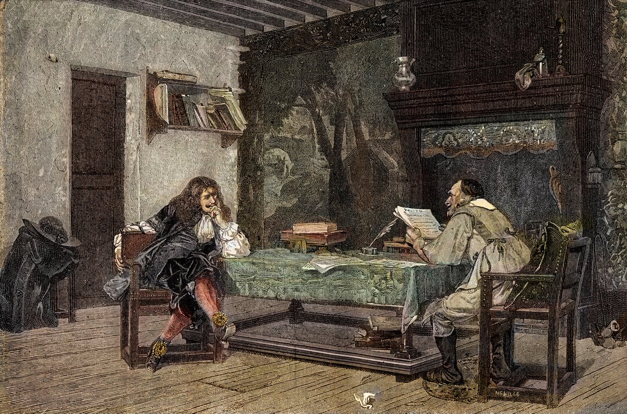 Colaboração entre Jean Baptiste Moliere e Pierre Corneille - "Les auteurs Jean-Baptiste (Jean Baptiste) Poquelin dit Moliere (1622-1673) et Pierre Corneille (1606-1684)" gravura após a pintura de Jean-Leon (Jean Leon) Gerome de Jean Leon (after) Gerome