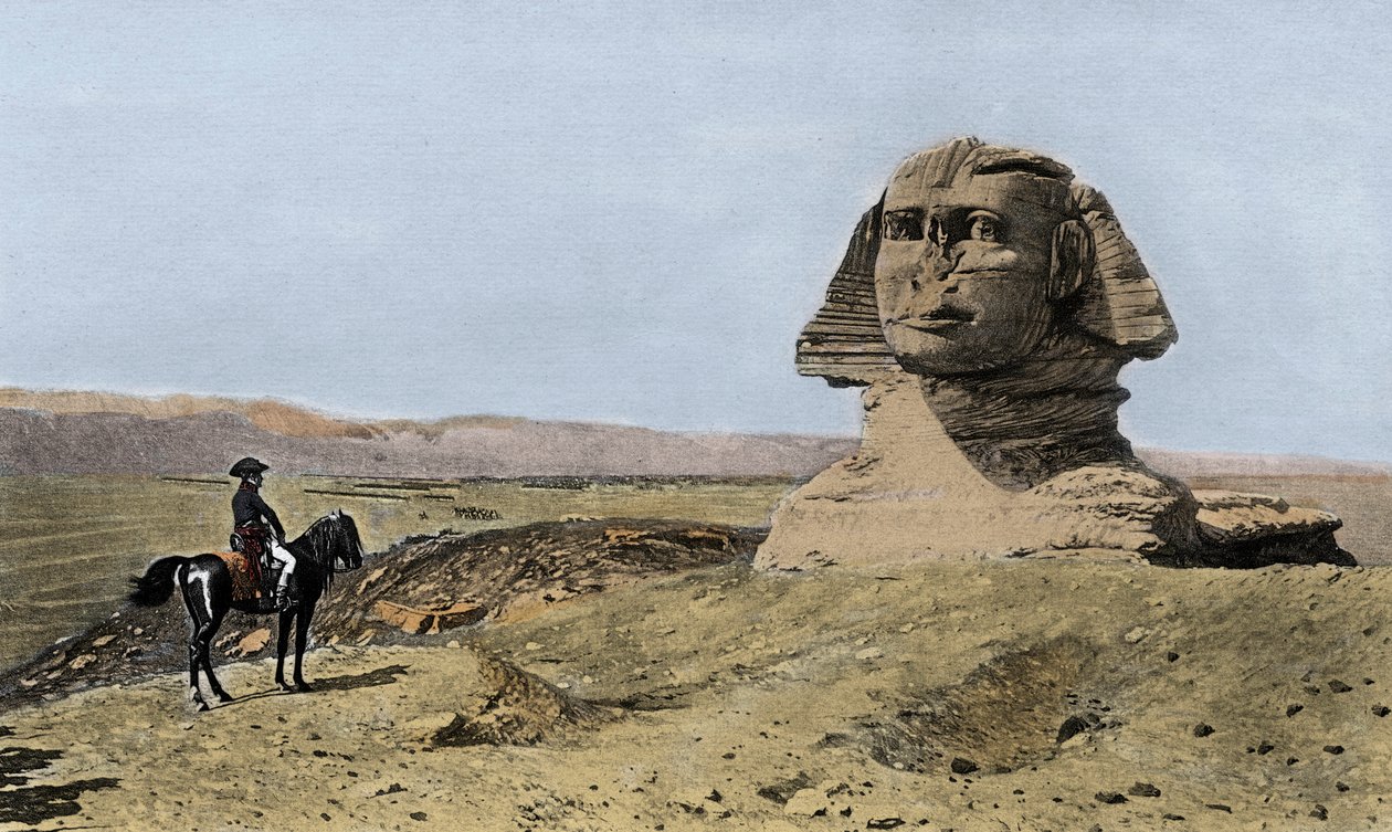 Napoleão e a Esfinge - Campanha (Expedição) do Egito (1798-1801): Napoleão I Bonaparte (1769-1821) em frente à Esfinge de Gizeh no Egito de Jean Leon (after) Gerome