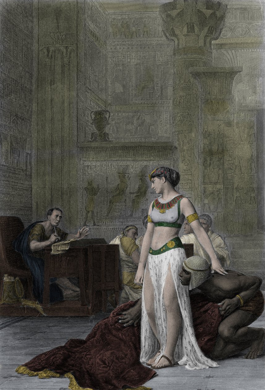 A Rainha do Egito Cleópatra VII Thea Philopator (69-30 AC) e Jules Cesar (100-44 AC) - Cleópatra antes de Júlio César na peça de Shakespeare, Antônio e Cleópatra, após a pintura de Jean Leon Gerônimo de Jean Leon (after) Gerome