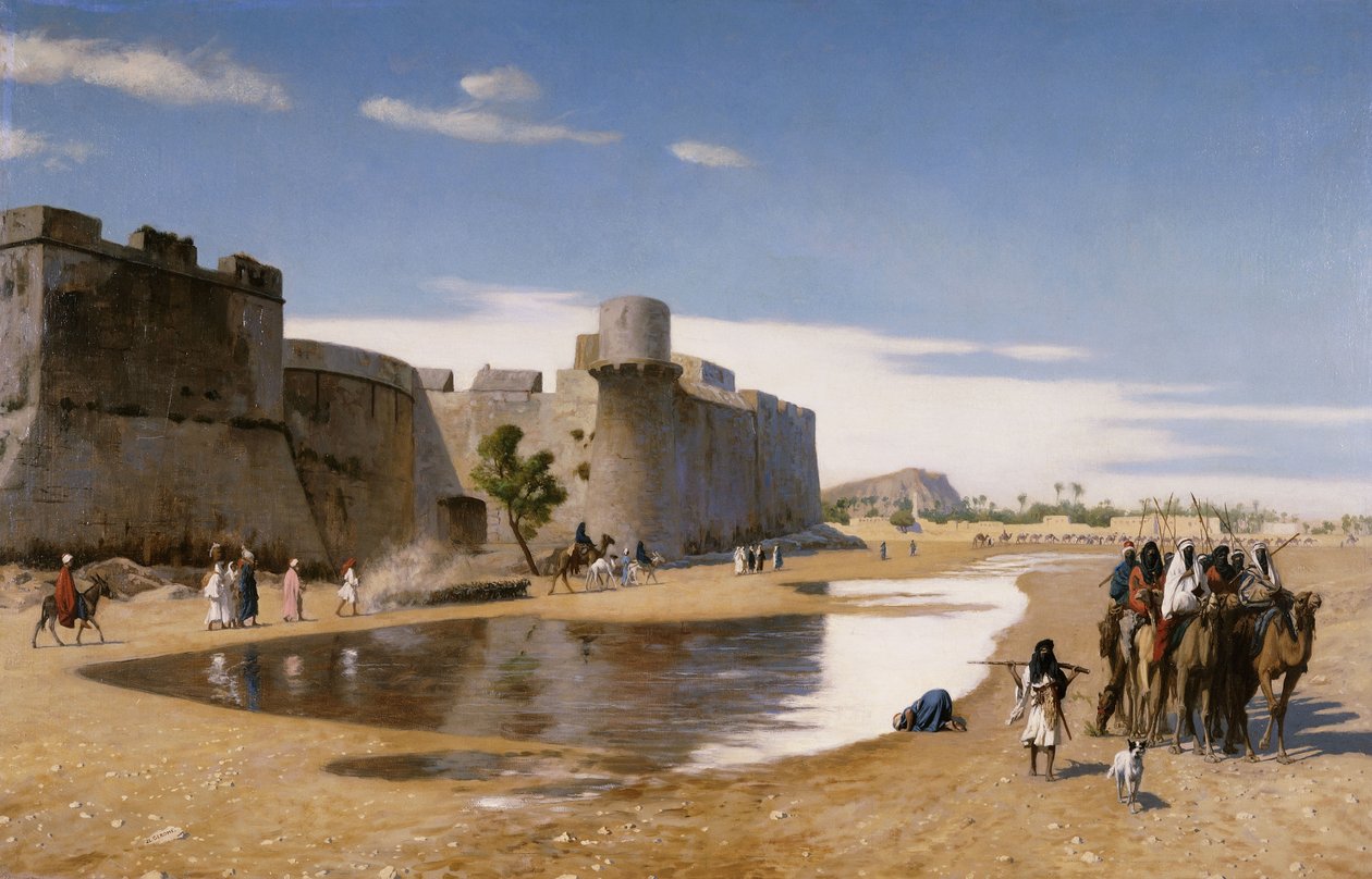 Uma caravana árabe fora de uma cidade fortificada, c.1895 de Jean Leon Gerome