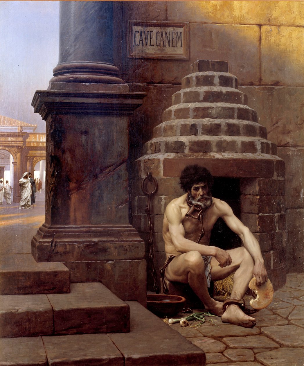 Caverna canem Prisioneiro de guerra em Roma, acorrentado como um cão na esquina de uma rua "Beware of the dog". Pintura de Jean Leon Gerome (1824-1904) Sol do século XIX. 1,06x0,9 m Vesoul, musee Georges Garret - Cave Canem; Um prisioneiro de guerra em Rom de Jean Leon Gerome