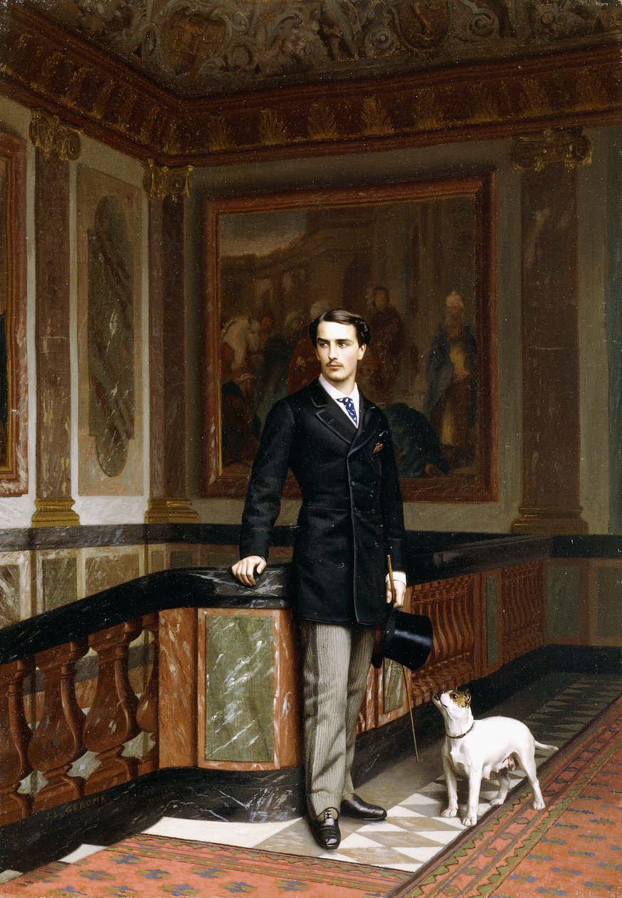 Conte do Rouchefoucauld Duc de Doudeauville com seu Terrier, c.1870s de Jean Leon Gerome