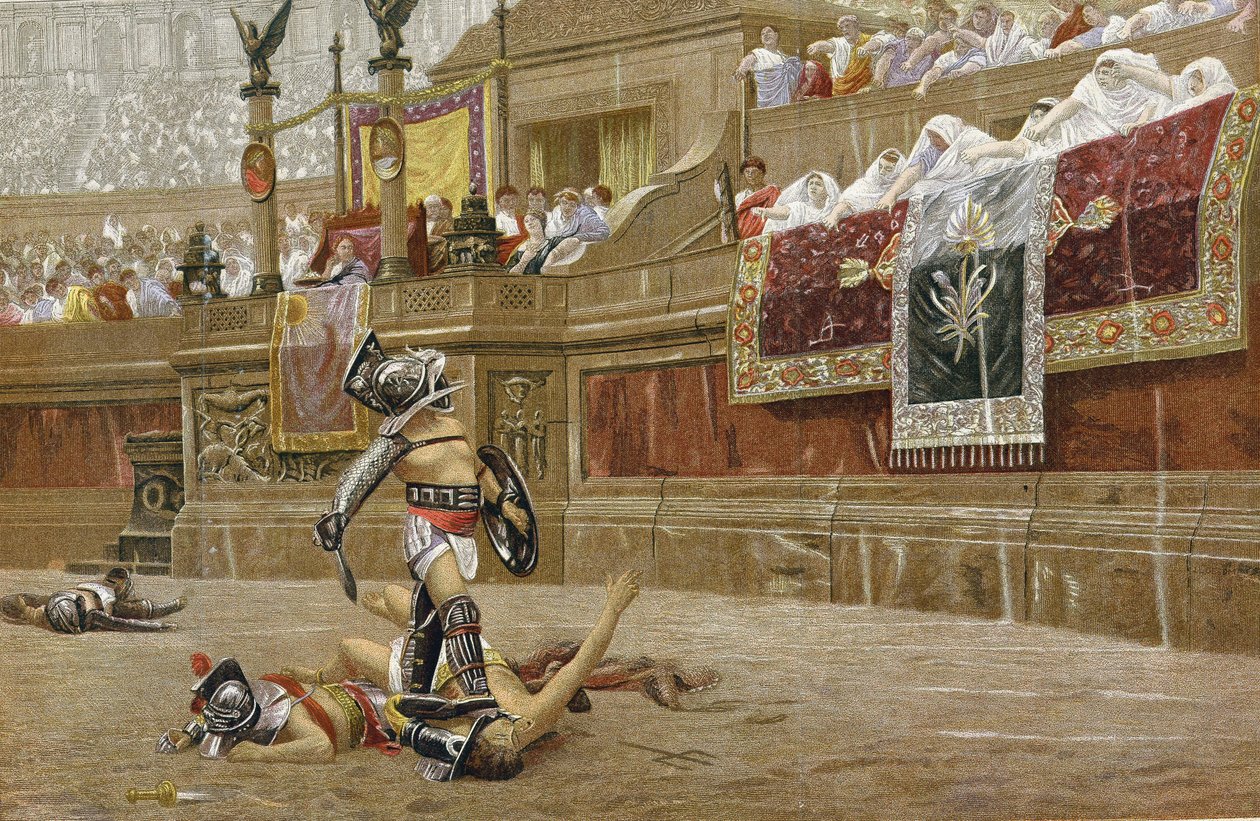 Gladiadores na arena romana: os espectadores fazem o sinal de "polegar para baixo", indicando que o vencedor não deve poupar o seu adversário. Cromolitografia segundo a pintura de JL Gerome. de Jean Leon Gerome