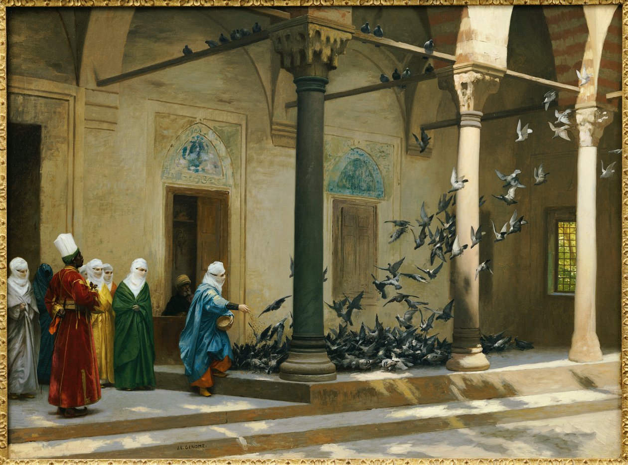 Harem mulheres alimentando pombos em um pátio de Jean Leon Gerome