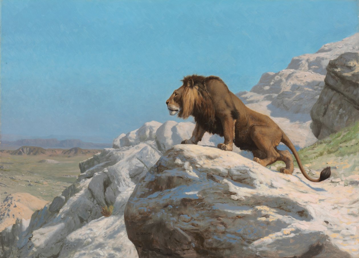 Leão à espreita, c.1885 (óleo sobre painel de madeira) de Jean Leon Gerome