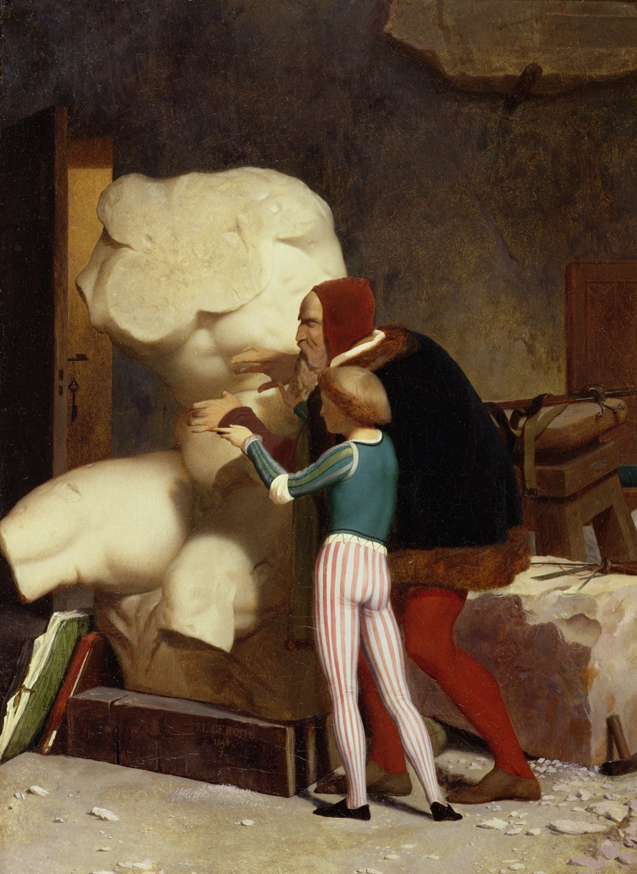 Michelangelo (1475-1564) mostrando a um aluno o torso do Belvedere, 1849 de Jean Leon Gerome
