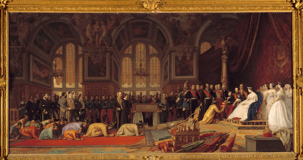Recepção dos Embaixadores do Sião por Napoleão III e Impression Eugenie: No grande salão Henri II do Chateau de Fontainebleau 27/06/1861, Pintura de Jean Leon (Jean-Leon) Gerome (1824-1904) de Jean Leon Gerome