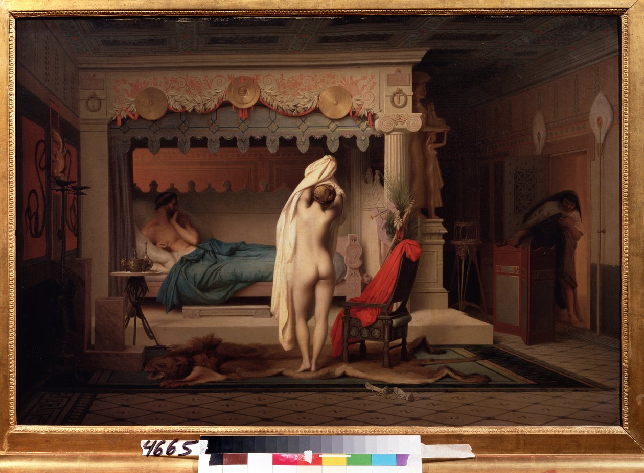 "Representação do Rei Lydian Candaule (ou Caudale)" O rei mostra a sua esposa nua à sua confidente Gyges, escondida nas sombras enquanto se despe no quarto. Pintura de Jean Leon Gerome (1824-1904) Depois de 1859 Museu Pushkin, Moscovo de Jean Leon Gerome
