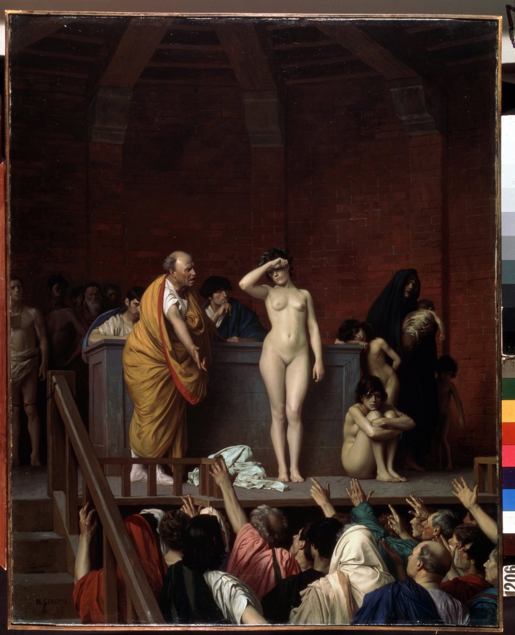 Roma Antiga: ""O Mercado de Escravos em Roma"" (O Mercado de Escravos em Roma) Um escravo nu em uma plataforma é vendido, na frente de uma platéia de compradores levantando os braços para dar um preço. Pintura de Jean Leon Gerome (1824-1904) 1884 Dim. 92x7 de Jean Leon Gerome