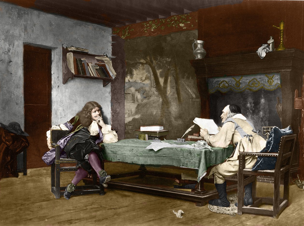 Os autores Jean-Baptiste (Jean Baptiste) Poquelin dit Moliere (1622-1673) e Pierre Corneille (1606-1684). Século XIX (litografia após a pintura de Jean-Leon (Jean Leon) Gerome) de Jean Leon Gerome