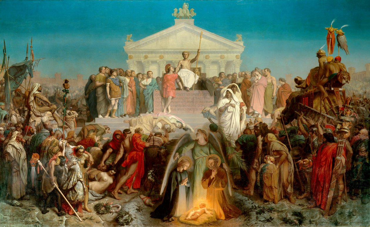 Século de Agosto: nascimento de Nosso Senhor Jesus Cristo. Triunfo de Augusto (Octávio ou Octávio, 63 AC-14 DC. JC), imperador romano. Ilustração da obra "Histoire universelle 9eme epoque" de Jacques Benigne Bossuet (1627-1704). Pintura de Jean Leon Gerome de Jean Leon Gerome