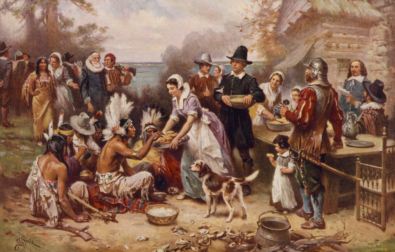 O primeiro Dia de Ação de Graças 1621, c.1932 (impressão fotomecânica) de Jean Leon Gerome Ferris