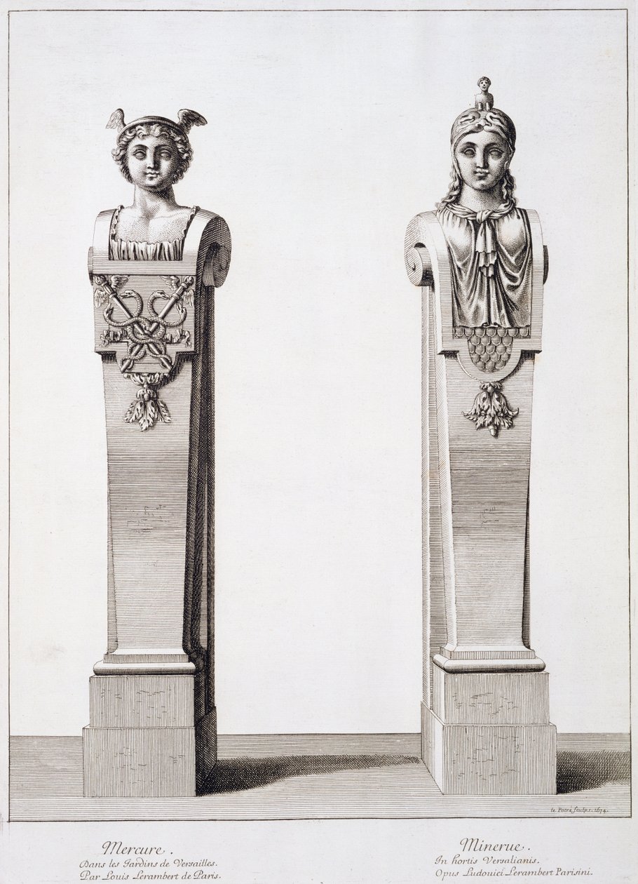 Bustos de mercúrio e Minerva por Louis Lerambert em Versalhes, 1674 de Jean Lepautre