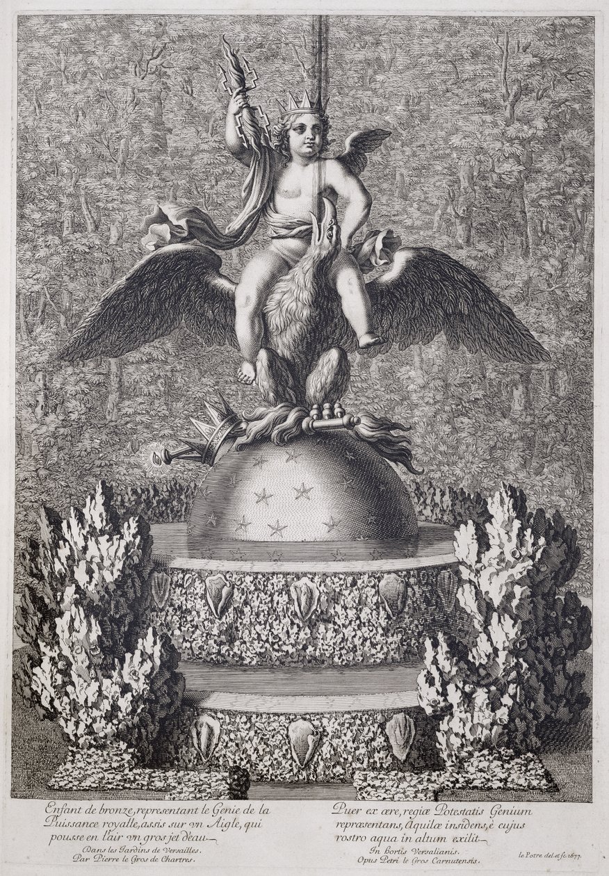 Fontes com uma criança representando o gênio da potência real por Pierre le Gros, em Versalhes, 1677 de Jean Lepautre