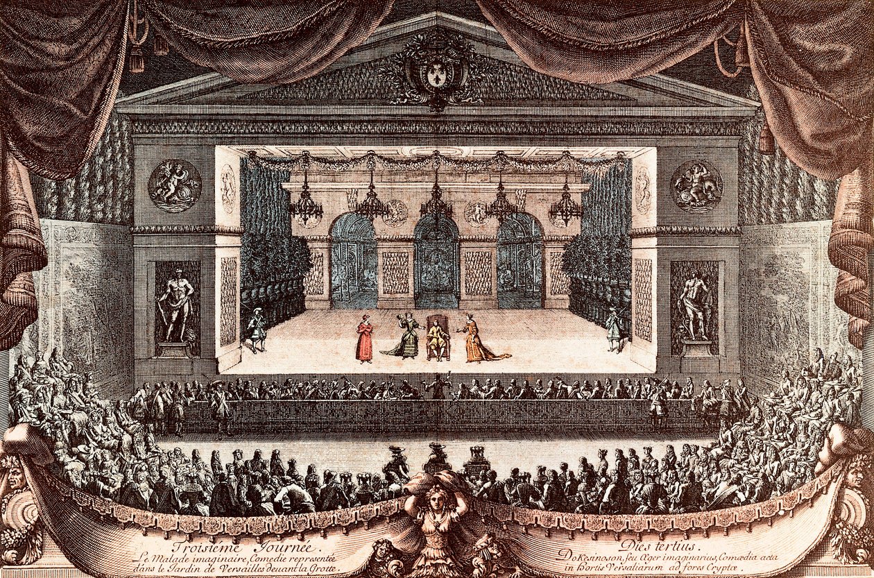 "Le malade imaginaire" (O Inválido Imaginário) de Jean Baptiste Poquelin dit Moliere em Versalhes (gravura colorida) de Jean Lepautre