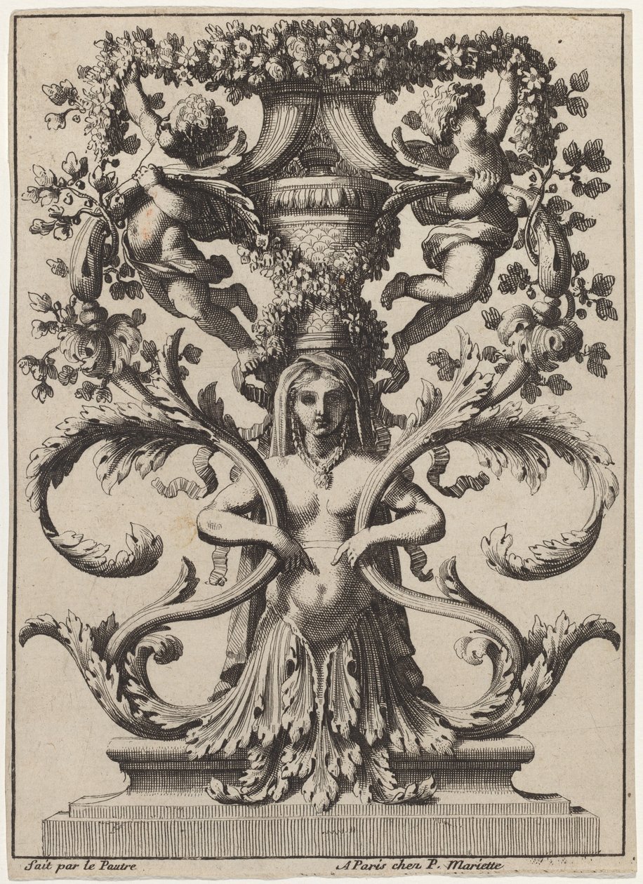 Ornamento com uma mulher virando folhagem de Jean Lepautre