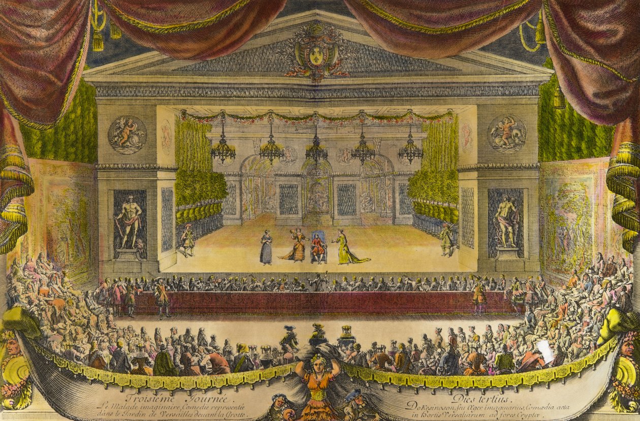 Representação dos doentes imaginários em Versalhes A representação da peça de Jean Baptiste Poquelin dit Moliere (1622-1673) em frente à gruta de Thetis (Thetys) nos jardins de Versalhes, na presença do rei Luís XIV, lugar no centro de Jean Lepautre