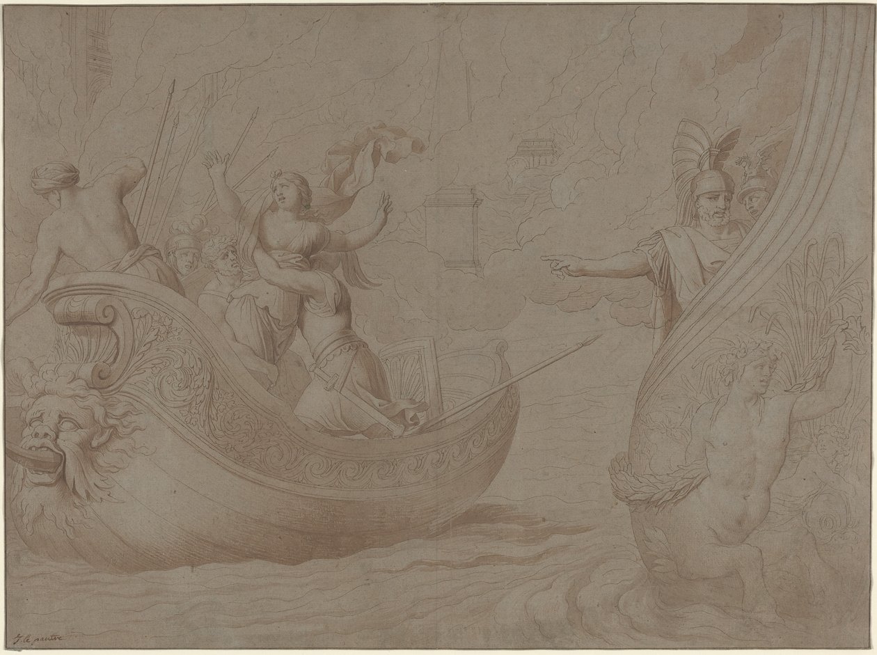 O rapto de Helena de Troia (caneta e tinta preta com lavagem castanha sobre papel cinzento) de Jean Lepautre