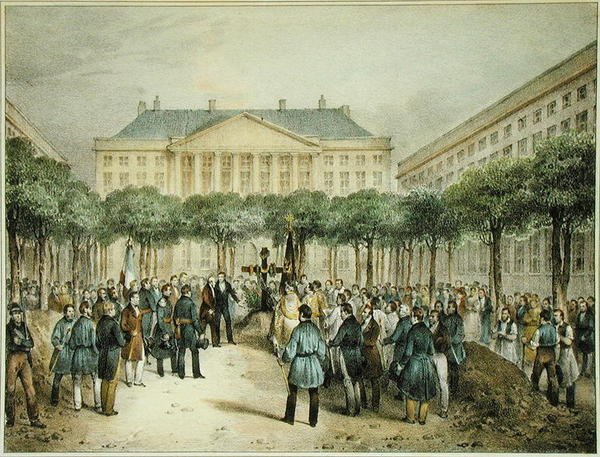 Enterro dos Revolucionários na Place des Martyres de la Liberte, Bruxelas, 2 de Outubro de 1830, gravado por A.M. Jobard (fl.1820-20) (cor litho) de Jean Louis (after) Van Hemelryck
