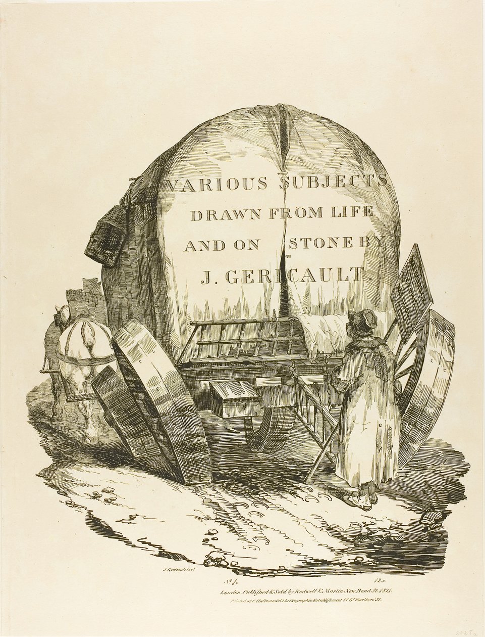 Uma carroça puxada por cavalos, página de título para vários temas desenhados a partir da vida e em pedra (The English Suite) de Jean Louis André Théodore Géricault