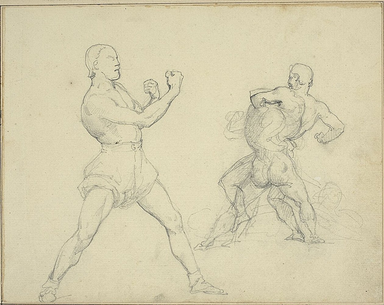 Boxeador virado para a direita e dois homens a lutar de Jean Louis André Théodore Géricault