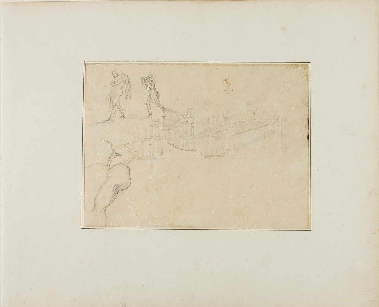 Secção transversal de um salão com pilares e três esboços de figuras de Jean Louis André Théodore Géricault