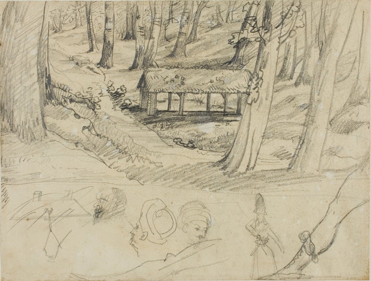 Interior de floresta com cabana de palha, e outros esboços de Jean Louis André Théodore Géricault