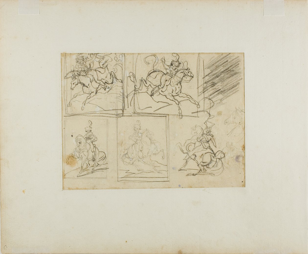 Quatro esboços de um trompetista montado e de um lanceiro polaco de Jean Louis André Théodore Géricault