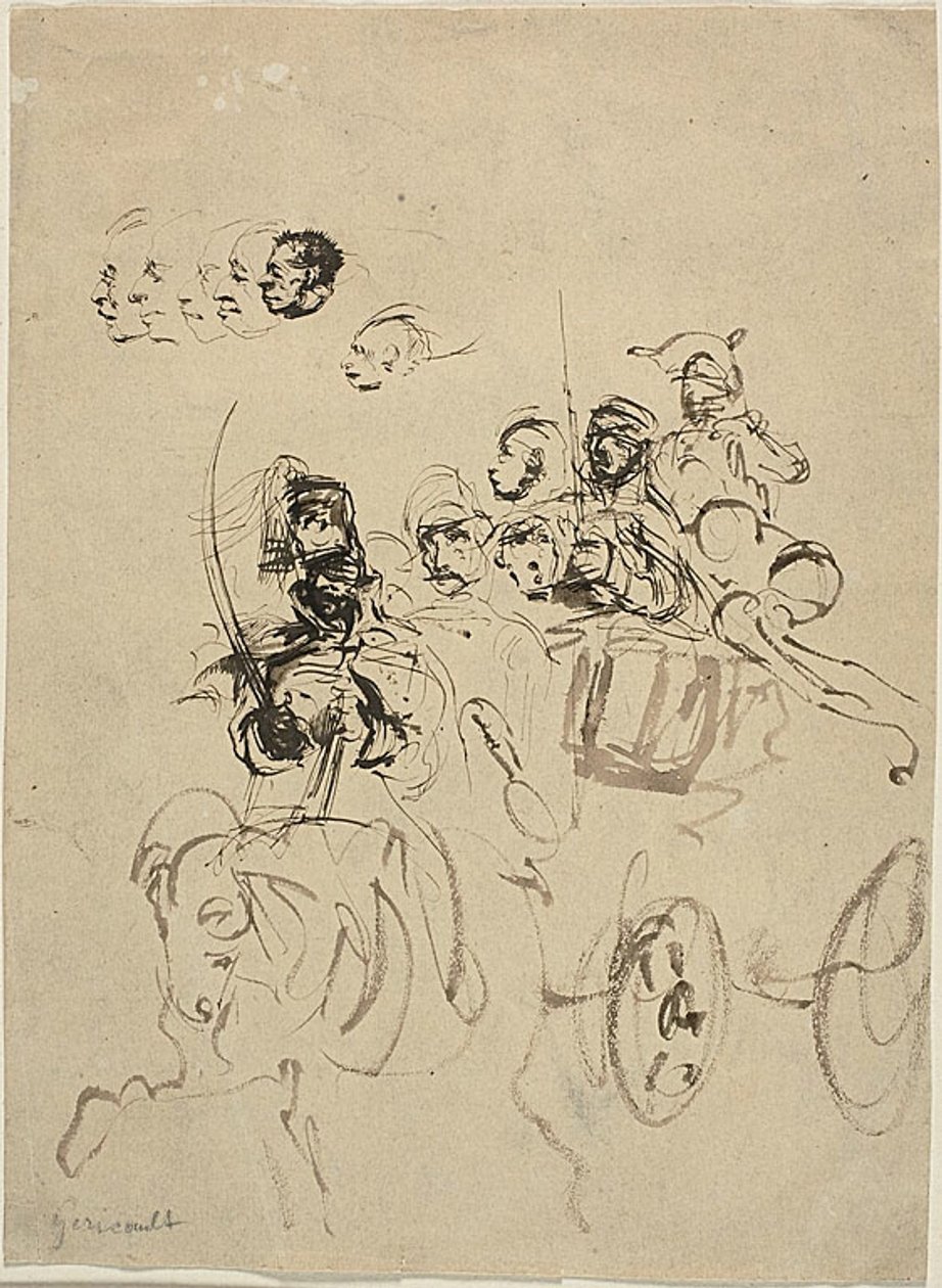 Carruagem do exército napoleónico com esboços de cabeças de Jean Louis André Théodore Géricault