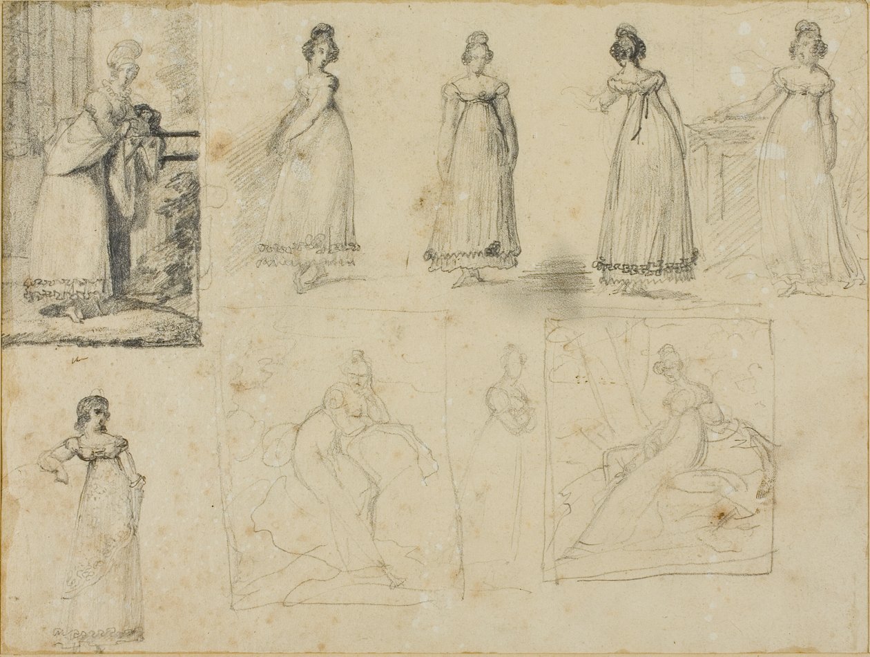 Nove esboços de uma jovem mulher com um vestido elegante de Jean Louis André Théodore Géricault