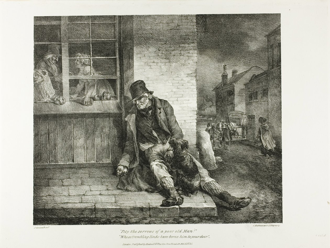 Pity the Sorrows of a Poor Old Man!... plate 2 from Various Subjects Drawn from Life and on Stone (The English Suite) de Jean Louis André Théodore Géricault