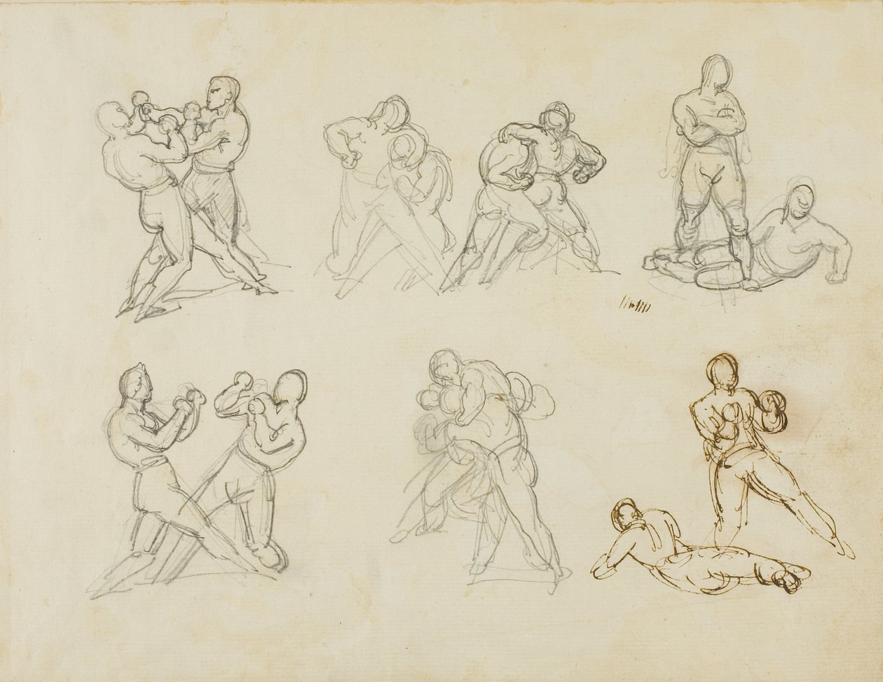 Sete esboços de pares de boxers de Jean Louis André Théodore Géricault